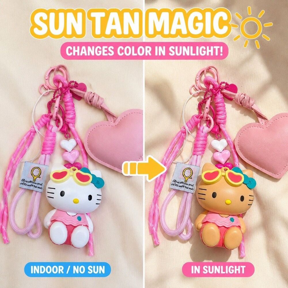 Handmade OOAK Kitty Cat Sun Color Change Bag Charm Keychain Pink Gift Freeship